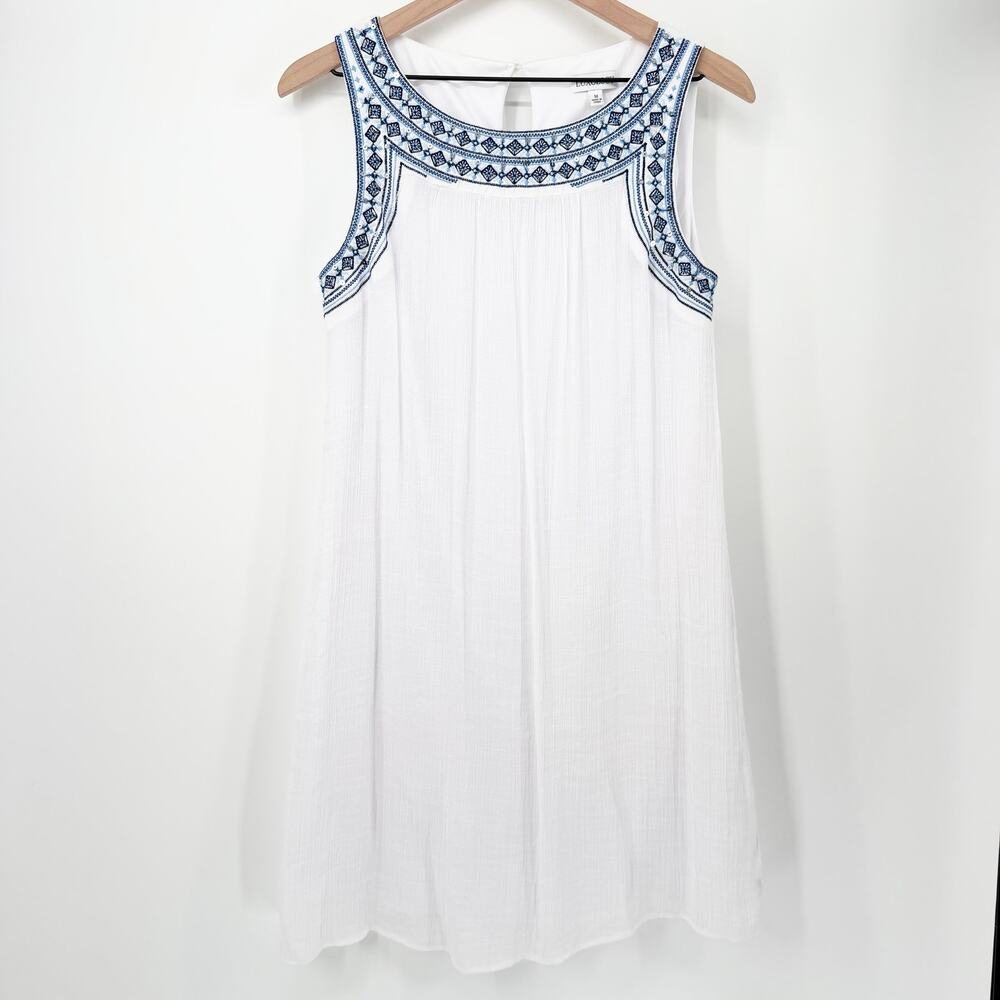 Luxology Boho Embroidered Sleeveless Gauze Mini Shift Dress White Blue Sparkly